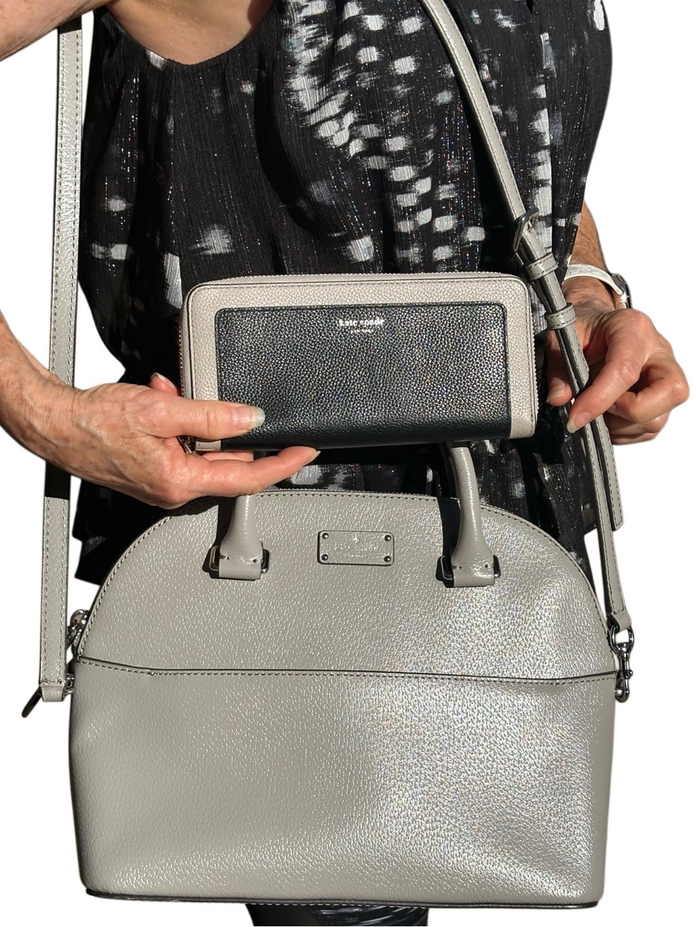 Kate Spade Grove Street Carli gray satchel and black taupe Margaux Zip wallet